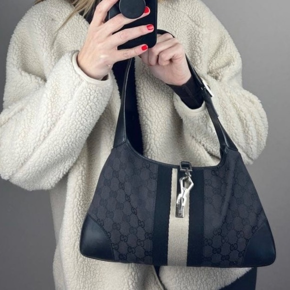 GUCCI Jackie GG Canvas Web Stripe Shoulder Bag Black Leather Vintage Authentic - Picture 13 of 13